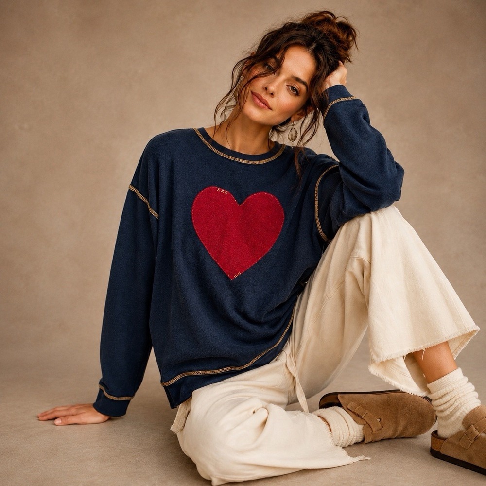 Navy Heart Appliqué Sweatshirt *XL Contrast Stitch Exposed Seam Artsy Boho Cozy